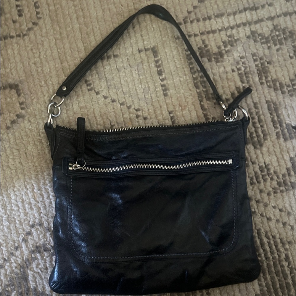 Coach Black Leather Shoulder Bag with Front Zip